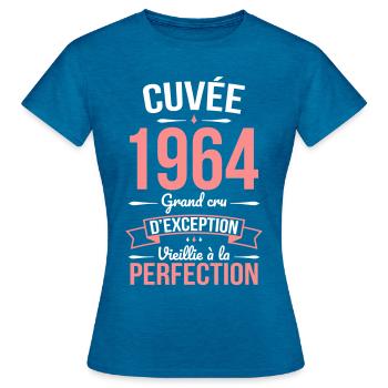 Anniversaire 60 ans - Cuvée 1964 - Cadeau Humour - T-shirt Femme - bleu saphir antique chiné - Devant - AI Model Female 172 dark (172cm)