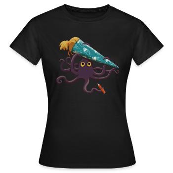 Octopus with blue school cone and pen - Women's T-Shirt - black - Front - AI Model Female 172 dark (172cm)