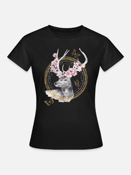 * Hirsch mit Blumen-Geweih * in Wasserfabtechnik - Frauen T-Shirt - Schwarz