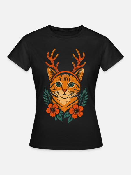 Katzen Reh mit Blumenkranz - Frauen T-Shirt - Schwarz