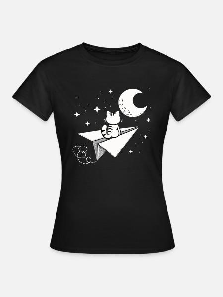 Cat Paper Airplane Moon Fly me to the moon Stars - Women's T-Shirt - black