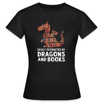Fantasy Book Lover Drache mit Regalen - Frauen T-Shirt - Schwarz - Vorne - AI Model Female 172 dark (172cm)