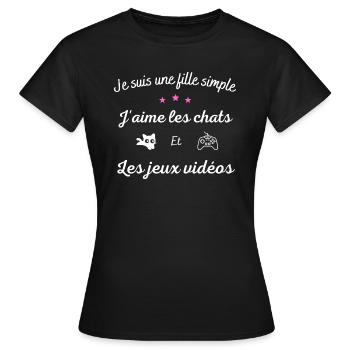 Je suis une fille simple, chats et les jeux vidéos - T-shirt Femme - noir - Devant - AI Model Female 172 dark (172cm)