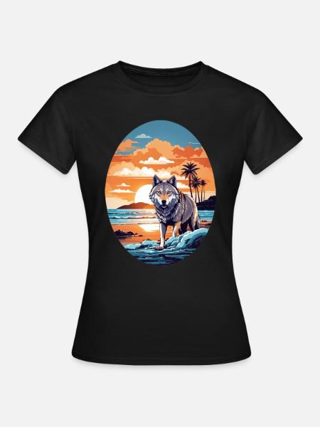Wolf am Strand - Frauen T-Shirt - Schwarz