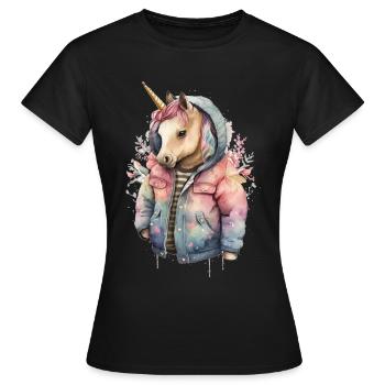 Unicorn wearing a Watercolor jacket - Women's T-Shirt - black - Front - AI Model Female 172 dark (172cm)