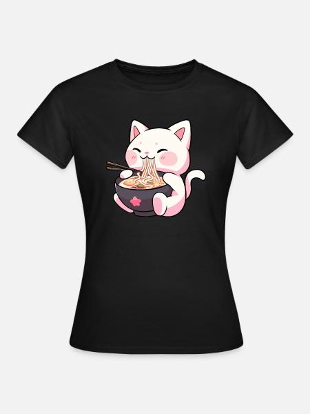 Niedliche Kawaii Katze isst Ramen - Anime Shirt - Frauen T-Shirt - Schwarz