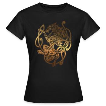 FENRIR - Wolf Odin - Vintage Gold - Nordisch Antik - Frauen T-Shirt - Schwarz - Vorne - AI Model Female 172 dark (172cm)