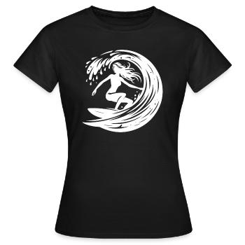 Sportliche Surferin mit Surfbrett im Wellen Tunnel - Frauen T-Shirt - Schwarz - Vorne - AI Model Female 172 dark (172cm)