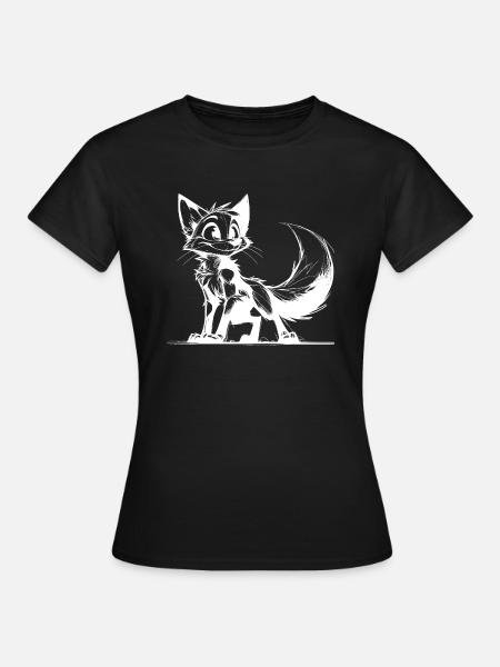 Lächelnder schlauer Fuchs Strich Zeichnung - Frauen T-Shirt - Schwarz
