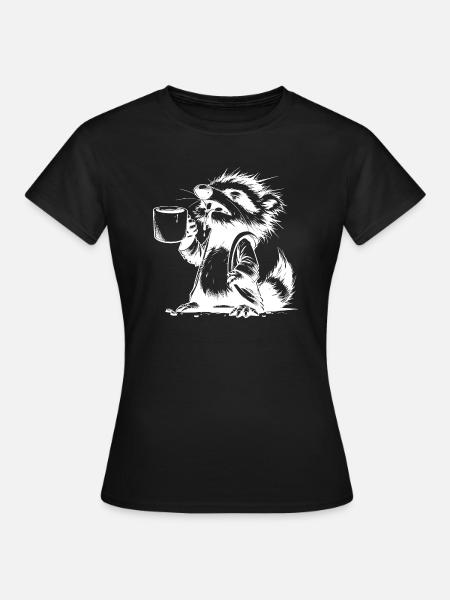 Waschbär als Kaffeejunkie mit Kaffeetasse - Frauen T-Shirt - Schwarz