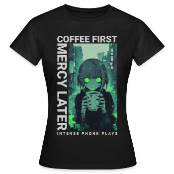 Café d'abord, Miséricorde plus tard, style anime Vaporwave - T-shirt Femme - noir - Devant - AI Model Female 172 dark (172cm)