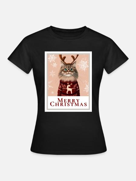 Süße sibirische Katze im Weihnachtspullover. - Frauen T-Shirt - Schwarz