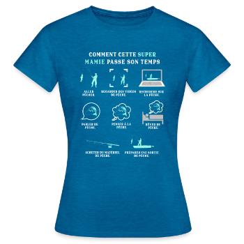 Mamie Pêcheuse Pêche Humour Peche - T-shirt Femme - bleu saphir antique chiné - Devant - AI Model Female 172 dark (172cm)
