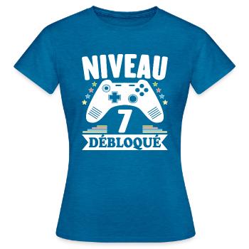Niveau 7 Ans Débloqué Enfin Adulte Cadeau - T-shirt Femme - bleu saphir antique chiné - Devant - AI Model Female 172 dark (172cm)
