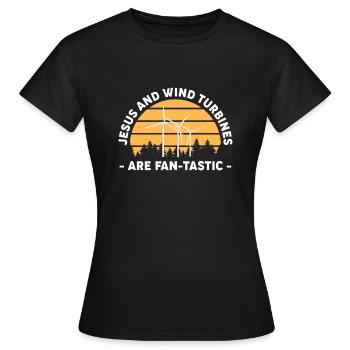 Jesus And Wind Turbines Are Fan-Tastic - Frauen T-Shirt - Schwarz - Vorne - AI Model Female 172 dark (172cm)