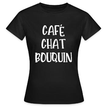 café chat bouquin - T-shirt Femme - noir - Devant - AI Model Female 172 dark (172cm)