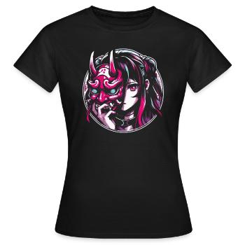 Anime Girl with Oni Mask Japan Aesthetic - Women's T-Shirt - black - Front - AI Model Female 172 dark (172cm)