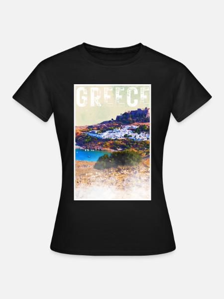 Greece Vintage Reiseposter mit der Stadt Lindos - Frauen T-Shirt - Schwarz