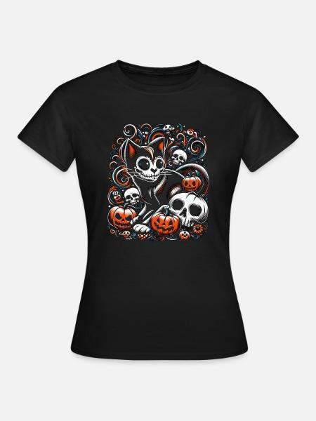 Gruselige Katze mit Totenköpfen - Frauen T-Shirt - Schwarz