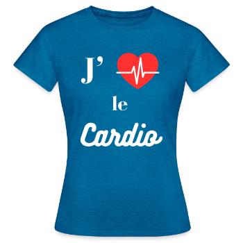 J'aime le cardio : I love cardio - T-shirt Femme - bleu saphir antique chiné - Devant - AI Model Female 172 dark (172cm)