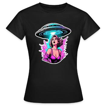 Eine in Panik geratene Frau wird von einem UFO erwischt. - Frauen T-Shirt - Schwarz - Vorne - AI Model Female 172 dark (172cm)