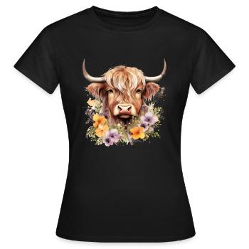 Majestic Highland : Portrait of a Highland Cow - Frauen T-Shirt - Schwarz - Vorne - AI Model Female 172 dark (172cm)