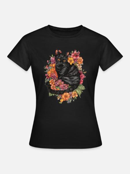 Katze Blumen - Frauen T-Shirt - Schwarz