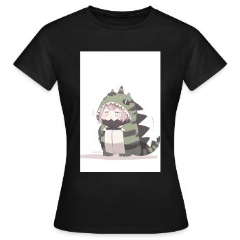 Dino Cutie: Charmante Zeichnung eines süßen Anime-Mädchens - Frauen T-Shirt - Schwarz - Vorne - AI Model Female 172 dark (172cm)