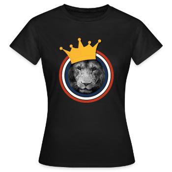 Close-up photo of a lion with crown - Women's T-Shirt - black - Front - AI Model Female 172 dark (172cm)