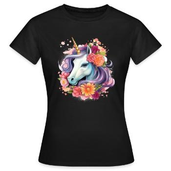Einhorn Blumen bund - Frauen T-Shirt - Schwarz - Vorne - AI Model Female 172 dark (172cm)