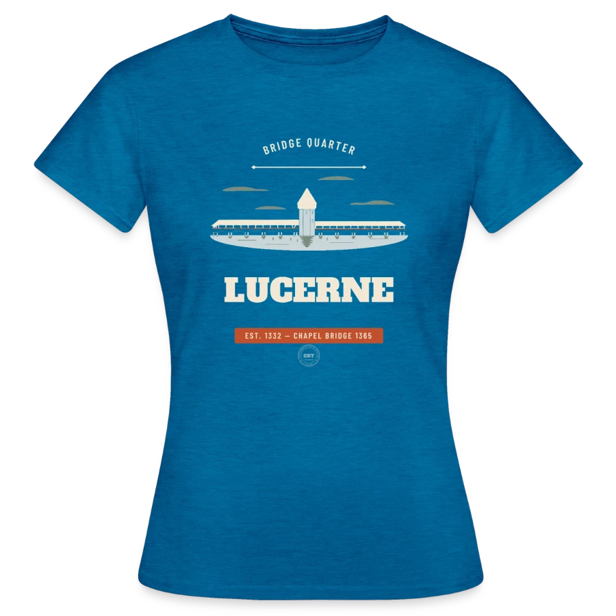 Lucerne badge on a women's t-shirt, antique blue sapphire heather