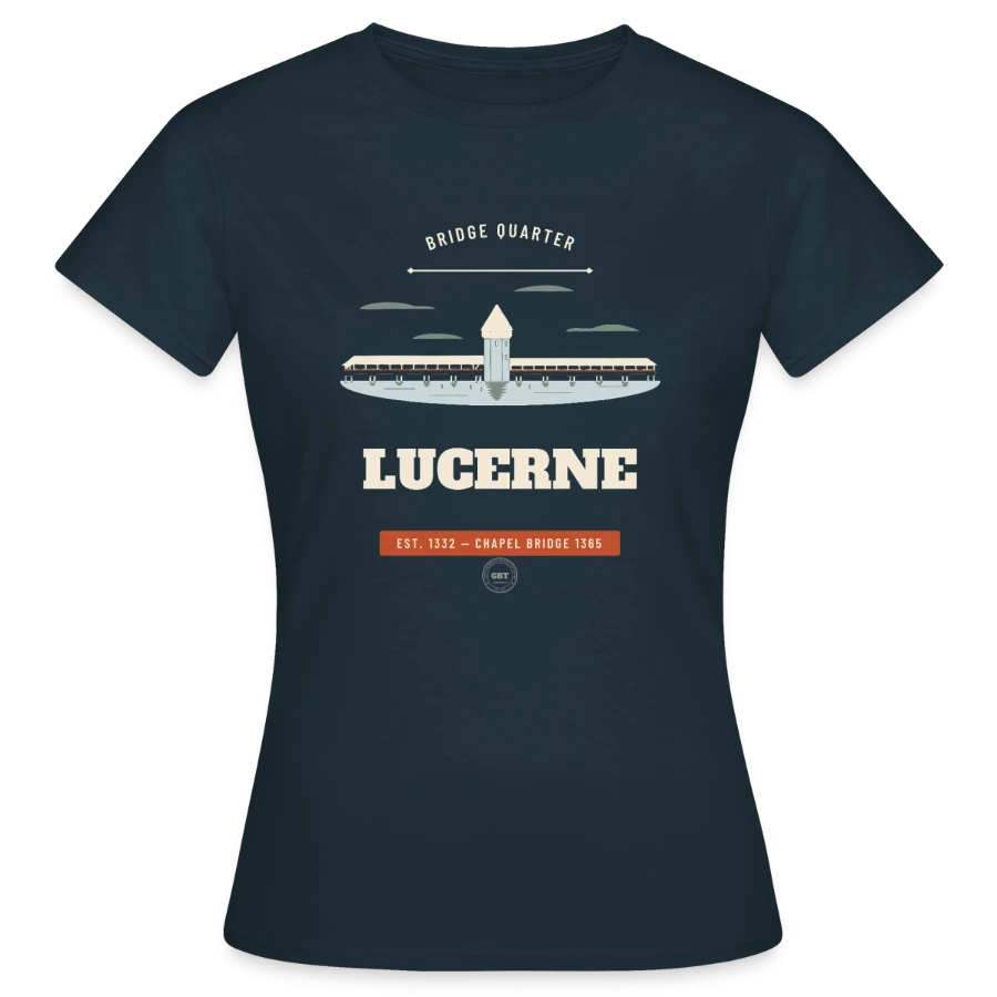 Lucerne badge on a women's t-shirt, navy