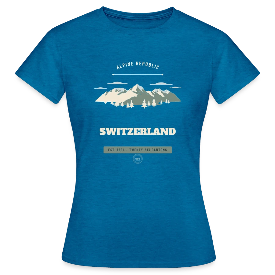 Switzerland badge on a women's t-shirt, antique blue sapphire heather