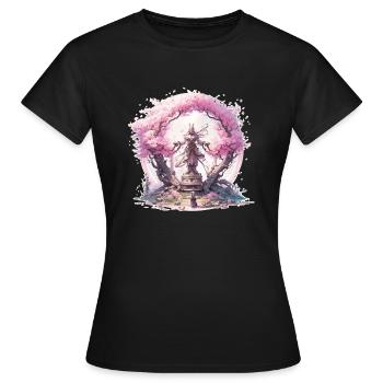 Statue unter einem Kirschblütenbaum - Frauen T-Shirt - Schwarz - Vorne - AI Model Female 172 dark (172cm)