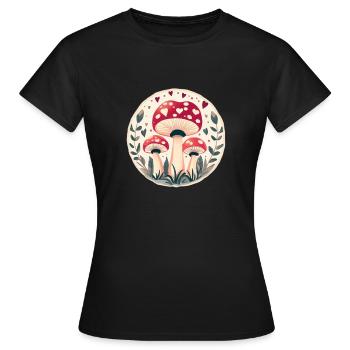 Mushrooms toadstools in magic hearts - Women's T-Shirt - black - Front - AI Model Female 172 dark (172cm)