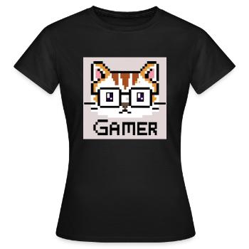 Katze Gamer, Brille, pixelart - Frauen T-Shirt - Schwarz - Vorne - AI Model Female 172 dark (172cm)