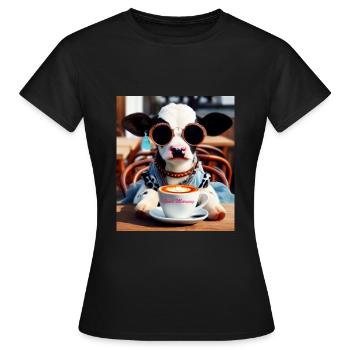 Cute cow drinking cappuccino - Women's T-Shirt - black - Front - AI Model Female 172 dark (172cm)