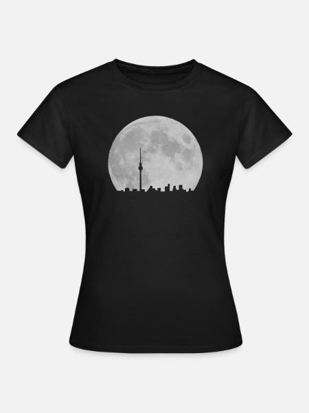 Berlin Skyline vor Mond Fernsehturm Alexanderplatz - Frauen T-Shirt - Schwarz