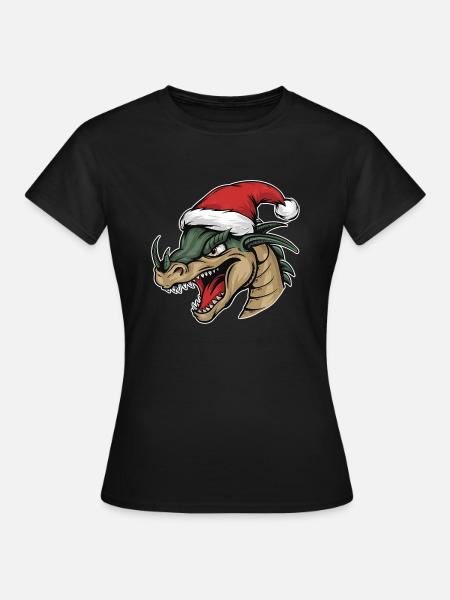 Drache mit Weihnachtsmütze: Festlicher Flammenzaub - Frauen T-Shirt - Schwarz