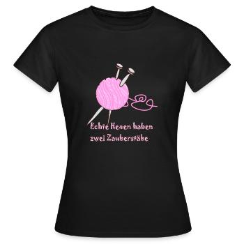 Crochet motif with funny saying - Women's T-Shirt - black - Front - AI Model Female 172 dark (172cm)