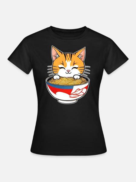 Niedliche asiatische Katze und Ramen Nudeln - T-shirt dam - svart