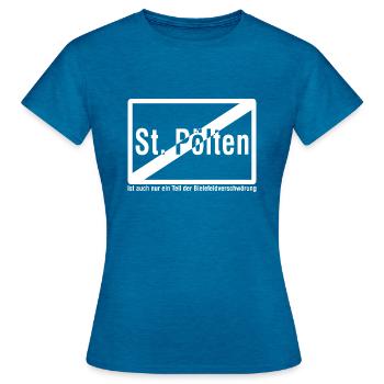 St. Pölten und die Bielefeld Verschwörung Satire - Frauen T-Shirt - Antikblaues Saphir meliert - Vorne - AI Model Female 172 dark (172cm)