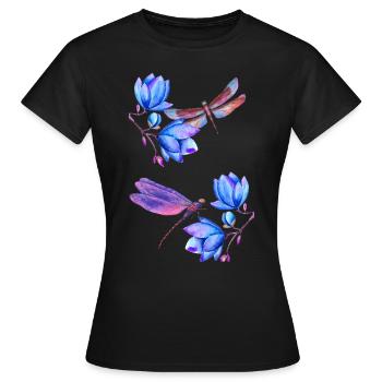 Libellen fliegen zwischen blauen Blumen - Frauen T-Shirt - Schwarz - Vorne - AI Model Female 172 dark (172cm)