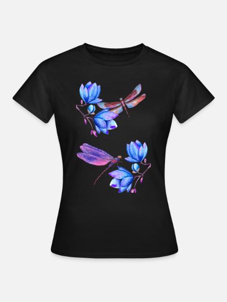 Libellules volant entre les fleurs bleues - T-shirt Femme - noir