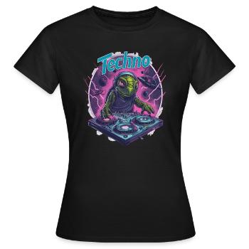 Techno Alien DJ Turtle - Rave Dancefloor Rav - Women's T-Shirt - black - Front - AI Model Female 172 dark (172cm)
