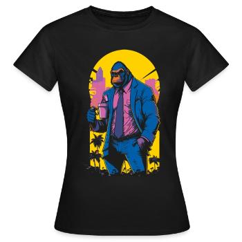 Illustration des années 80 d’un gorille avec une tasse de café - T-shirt Femme - noir - Devant - AI Model Female 172 dark (172cm)