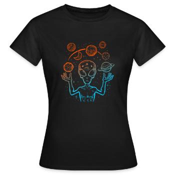 UFO Alien Juggling Planets Space - Women's T-Shirt - black - Front - AI Model Female 172 dark (172cm)