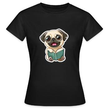 Carlin heureux lisant un livre - T-shirt Femme - noir - Devant - AI Model Female 172 dark (172cm)