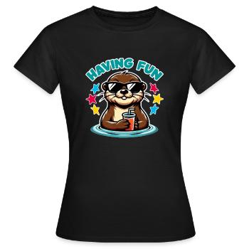 Funny sea otter in sunglasses refreshes himself - Women's T-Shirt - black - Front - AI Model Female 172 dark (172cm)