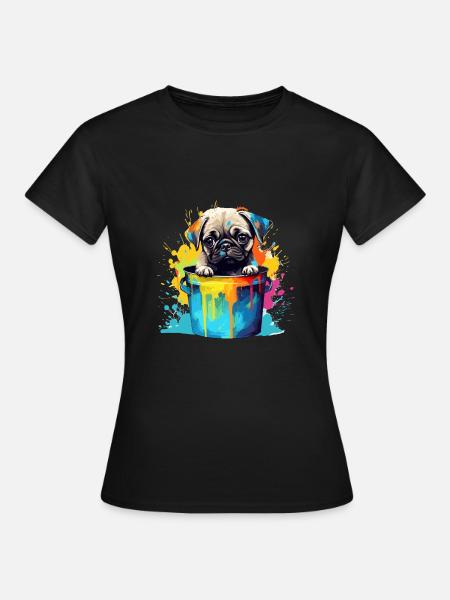 Mops Niedlicher Hund Farbeimer - Frauen T-Shirt - Schwarz
